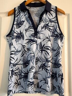 Under Armour Navy and Periwinkle Leaf-Print Sleeveless Collared Polo